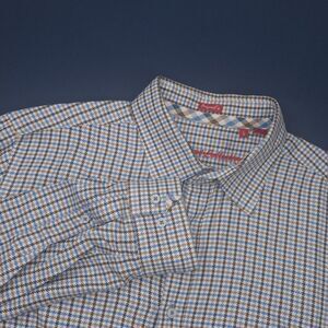 Report Collection Mens L Long Sleeve Button Up Shirt Blue Brown Houndstooth